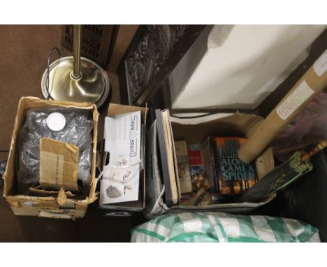 A BOX OF PICTURES, BOOKS , VINTAGE UMBRELLA AND A ALDIS PROJECTOR 