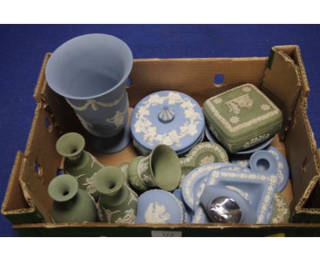 A QUANTITY OF WEDGEWOOD JASPERWARE TO INCLUDE VASES, LIDDED BOXES ETC