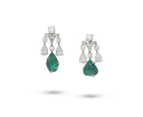 A PAIR OF EMERALD AND DIAMOND PENDENT EARRINGS, BY BULGARIOf chandelier design, each brilliant-cut diamond surmount suspendin