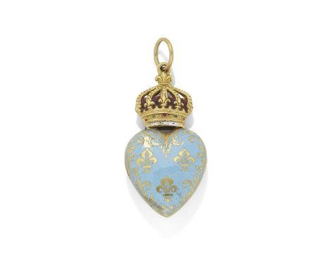 A GOLD AND ENAMEL PENDANT, CIRCA 1830Heart-shaped pale blue enamel locket decorated on one side with fleur-de-lys amongst flo