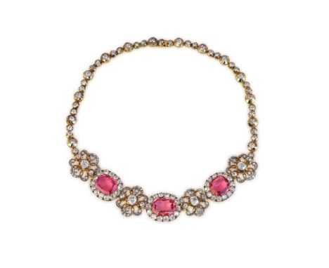 A 19TH CENTURY SPINEL AND DIAMOND NECKLACE AND BRACELETThe necklace composed of three cushion-shaped spinel and diamond clust
