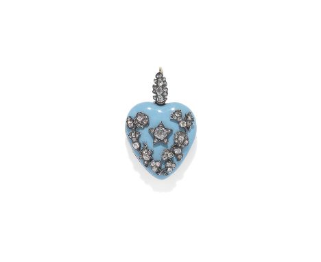 AN ENAMEL AND DIAMOND PENDANT, CIRCA 1860The pale blue enamelled heart-shaped locket applied with old brilliant, single and r