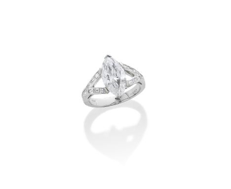 A DIAMOND SINGLE-STONE RINGThe marquise-cut diamond weighing 3.16 carats, between bifurcated shoulders set with baguette and 