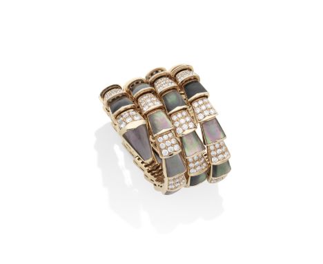 A MOTHER-OF-PEARL AND DIAMOND 'SERPENTI' BRACELET, BY BULGARIThe highly articulated bracelet designed as a coiling serpent, t