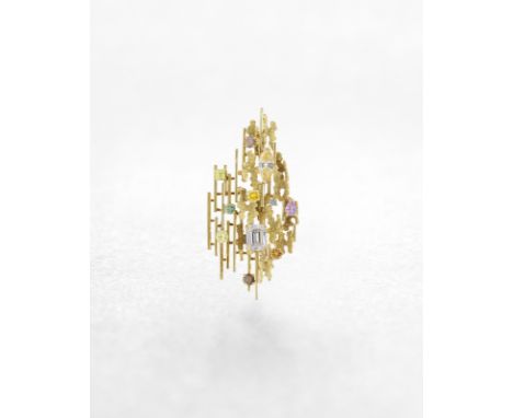 A FANCY-COLOURED DIAMOND BROOCH, BY J. FRIEDMAN, CIRCA 1970Designed as a tiered series of textured plaques and polished baton