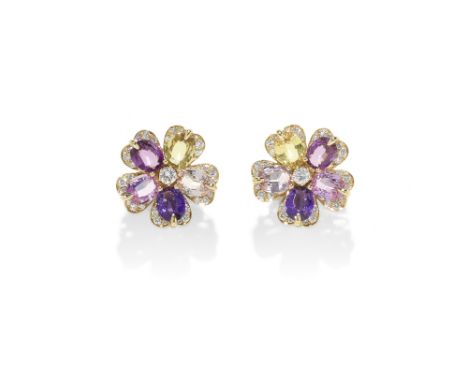 A PAIR OF GEM-SET 'SAPPHIRE FLOWER' EARRINGS, BY BULGARIEach flowerhead set with oval-cut vari-coloured sapphire petals, acce