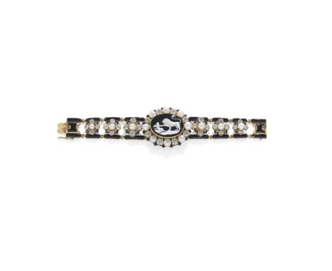 A MID 19TH CENTURY ONYX CAMEO, ENAMEL, PEARL AND DIAMOND BRACELETThe oval sardonyx cameo, an interpretation of an intaglio by