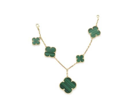 A MALACHITE 'MAGIC ALHAMBRA' BRACELET, BY VAN CLEEF AND ARPELSThe quatrefoil malachite plaques suspending a larger quatrefoil