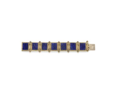 AN ARCHAEOLOGICAL REVIVAL GOLD AND LAPIS LAZULI BRACELET, FRENCH, CIRCA 1865Each lapis lazuli plaque within a ropetwist surro