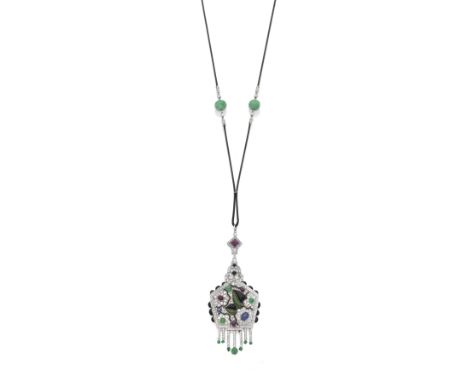 AN ART DECO MULTI GEM-SET AND DIAMOND PENDANT, CIRCA 1925 AND LATERThe pentagonal plaque pierced and decorated with highly st