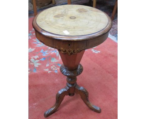 ANTIQUE MAHOGANY INLAID SEWING CABINET ON CARVED TRIPOD SUPPORT WITH NICELY FITTED INTERIOR 