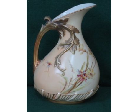 ROYAL WORCESTER BLUSH IVORY STYLE HANDPAINTED AND GILDED CERAMIC JUG WITH FLORAL DECORATION, APPROXIMATELY 19cm HIGH 