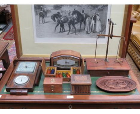 PARCEL OF TREEN INCLUDING BAROMETER, MANTEL CLOCK, STORAGE BOXES, ETC. 