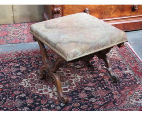 TAPESTRY UPHOLSTERED CARVED WALNUT X-FRAMED DRESSING STOOL 