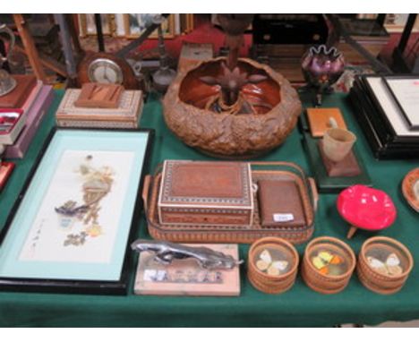 SUNDRY LOT INCLUDING ORIENTAL MOTHER OF PEARL PANEL, TREEN TABLE LAMP, JAGUAR CAR MASCOT, TREEN SERVING TRAY, STORAGE BOX, ET