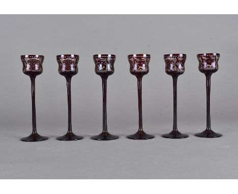 A set of six 19th Century long stemmed liquor glasses, flashed cranberry bodies with engraved designs of hunting scenes, 15 c