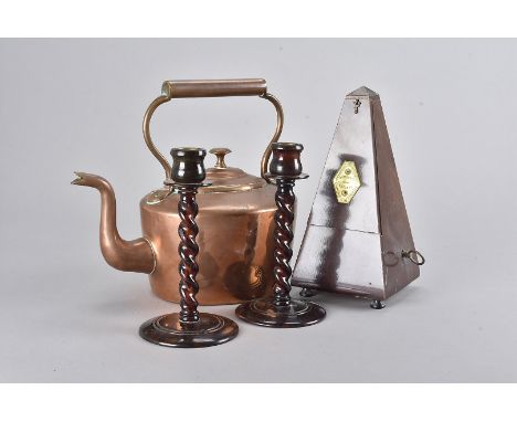 A veneer cased Metronome, together with a copper kettle and a pair of faux tortoiseshell candlesticks, with twisted column de