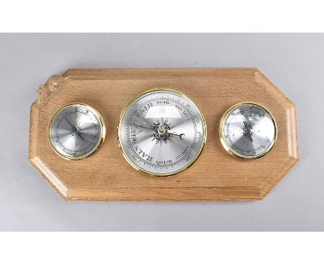A Mouseman barometer, having three dials with brass surround, with mouse figure to the top right cornerOne brass surround is 