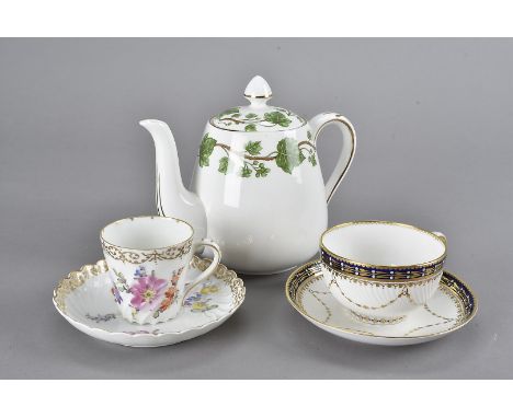 A Dresden porcelain part dessert and coffee set, a Royal Crown Staffordshire transfer printed tete a tete with ivy leaf decor