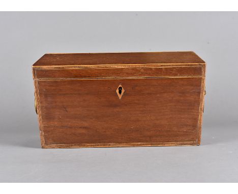 A Regency walnut veneered cross banded sarcophagus shaped tea caddy, with satin stringing, lion mask handles, with engraved c