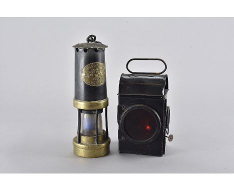 An E Thomas & Williams Aberdare miners lamp, with electrical fitting, 28 cm high and a railway Sherwood Birmingham lamp (2) 