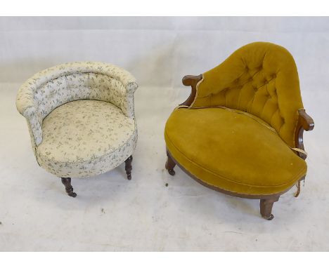 An Edwardian button backed, oak framed corner chair, with mustard upholstery together with an Edwardian floral upholstered tu
