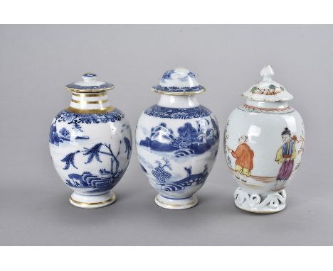 An 18th Century Chinese famille rose ovoid tea caddy, decorated with fisherman and merchants and a seated sage on a scroll sp