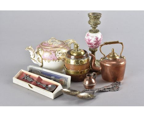 A 19th Century ceramic tea pot, the small pot with pink decoration, heightened in gilt, together with a miniature brass and c