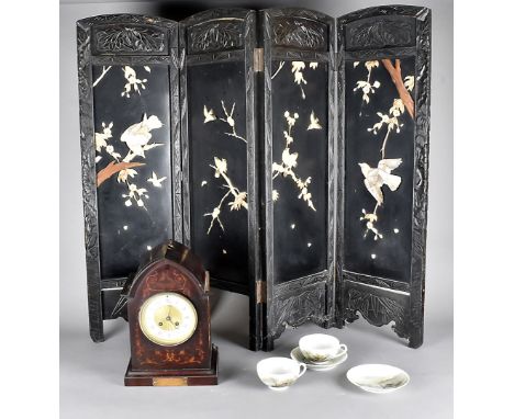 A Japanese four fold table screen, inlaid with bone and mother of pearl, 110 cm x 90 cm together with an arched mahogany inla