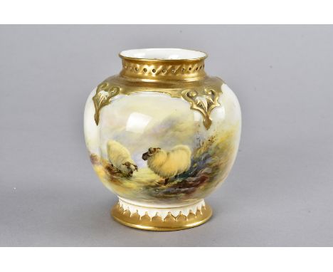 A Royal Worcester hand painted segmented vase, with painted sheep in mountainous landscape signed E Barker, with pierced gilt