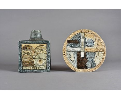 Two Troika stoneware items, a circular vase in usual decoration to brown ground, signed Troika to base, 17 cm diameter, toget
