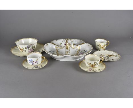 A part Limoges botanical tea service, together with a 19th Century continental floral painted hors d'oeuvres dish 