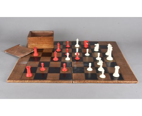 ANNOUNCE BONE NOT IVORYA 19th Century ivory Staunton style chess set, in white and red, together with leather folding board a