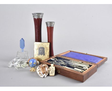 A mahogany cased geometry set, together with a Religious icon, two modern white metal and wooden candlesticks, a pair of sea 