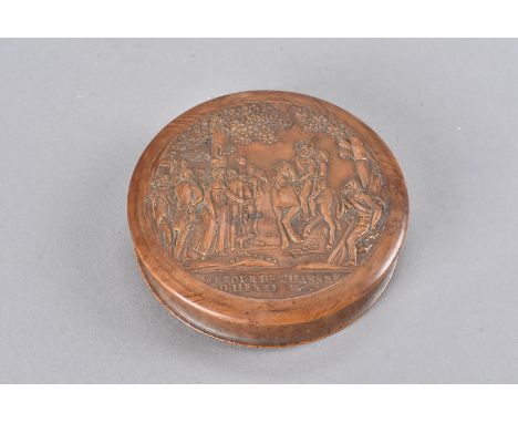 A 19th Century pressed maple circular snuff box, the top with relief decoration titled 'Retour De Chasse d'Henri IV' 8.5 cm d