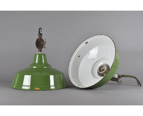 A set of five enamel 'Real' ceiling lamps, decorated in all over green glaze, max 40 cm high with fitments (5) 