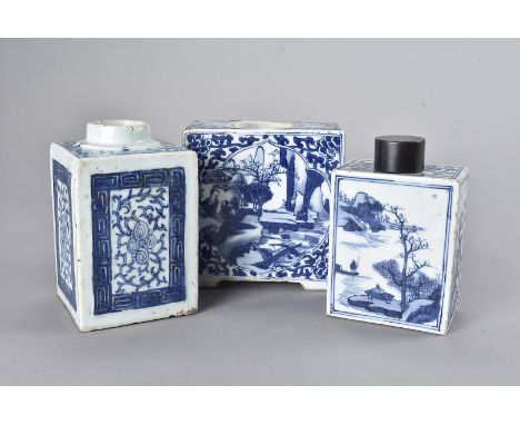 A 17th Century Chinese porcelain rectangular blue and white tea caddy, each panel with painted design of landscape and foliag