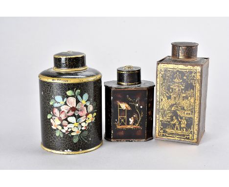 A 19th Century toleware cylindrical tea caddy, 8 cm diameter x 12 cm high, an earlier octagonal example af to decoration 6.5 