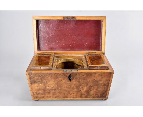 A mid 19th century burr walnut tea caddy, having banded design to sarcophagus box, lacks escutcheon, the interior with a pair