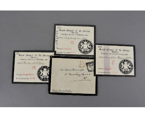 Three admittance tickets to Queen Victoria's funeral, with accompanying envelope addressed to Sir Squire Bancroft, each ticke