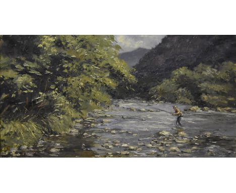 Phyllis Morgan, oil on canvas, entitled 'Playing His Fish', depicting a man fishing in a river in a mountainous range, signed