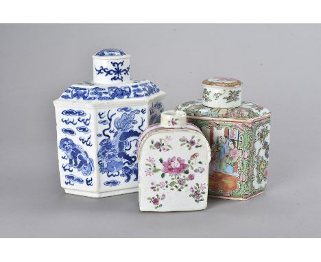 An 18th Century Chinese famille rose tea caddy, of rectangular form with sloping shoulders and floral spray 8 cm x 12 cm high