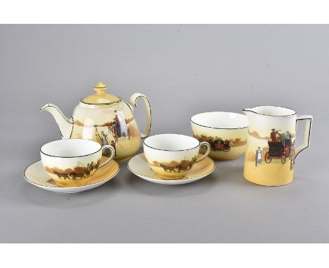 A Royal Doulton Coaching Day pattern tea and sandwich set, comprising 12 cups and saucers, a teapot and cover, sugar bowl, mi