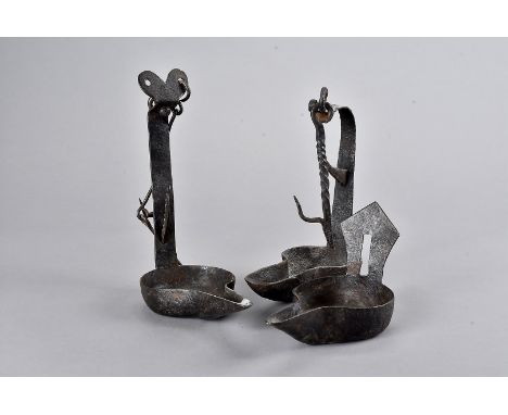 Three pairs of 19th Century steel cruise oil lamps, the wax drip pans with elongated wick holders on a curved bracket, approx