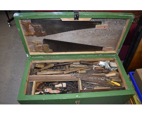 A green painted oak and pine tool box, containing a large collection of tools, box 99 cm x 47 cm x 49 cm high 