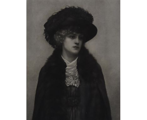 A Victorian Fine Art Society etching, three quarter length portrait of a woman in fur trimmed cape and feathered hat, framed 