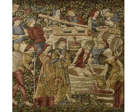 A modern wall hanging tapestry, depicting figures in vineyard amongst foliage, 135 cm x 126 cm 