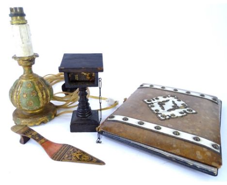 A Victorian walnut and simulated ivory blotter, a Tunbridge ware type olivewood shoe shaped paper knife, an oak miniature pul