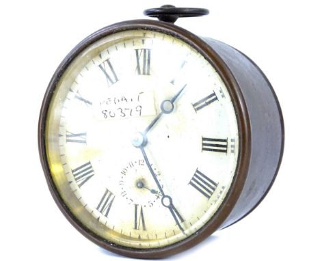 A late 19th/early 20thC brass cased alarm clock, the dial with Roman numerals, with brass movement striking a bell, (AF), 9.5