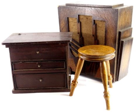 An oak Art Deco speaker, of tapering form, turned oak stool and a painted miniature jewellery type chest, 29cm wide. (3)
